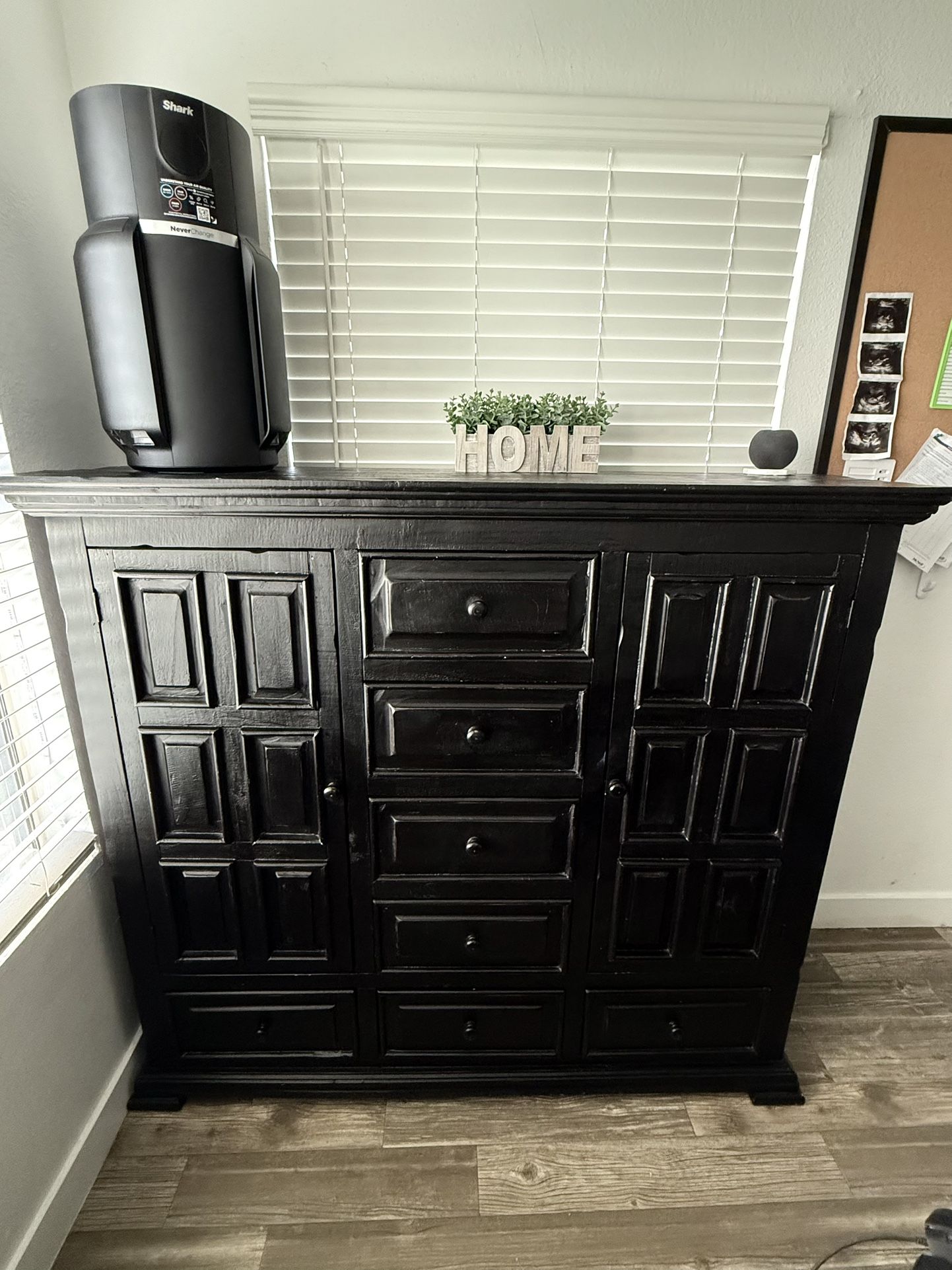 See Dimensions ~ Large Black Dresser Hutch With Seven 7 Drawers And 2 Cabinets With Shelf
