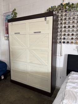 Hlivelood - Queen Size Murphy Bed with 2 LED Lights, Hidden Farmhouse Style Wooden Folding Bed Frame with Gas Struts, Storage Cabinet for Bedroom, Off