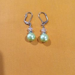 Green Pearl  Earrings with Crystal Beads
