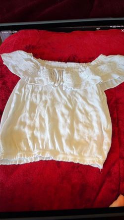 Off the shoulder, white short sleeve blouse