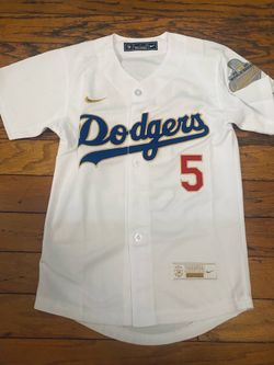 White gold and blue Los Angeles dodgers Freddy freeman World Series championships Nike jersey