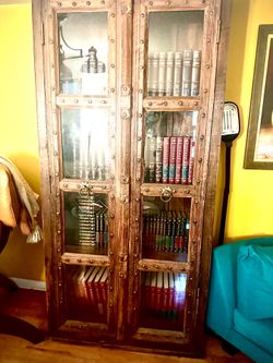Antique Solid Wood Library Bookcase + Complete Encyclopedia Britannica Set