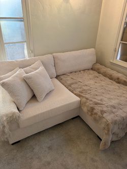 Cream Corduroy Sectional Sofa with Chaise