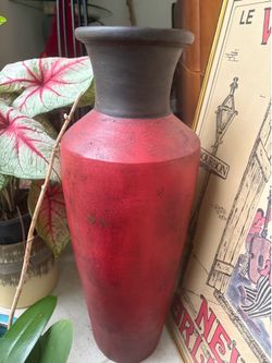 Large heavy floor vase , Red with black fluted top