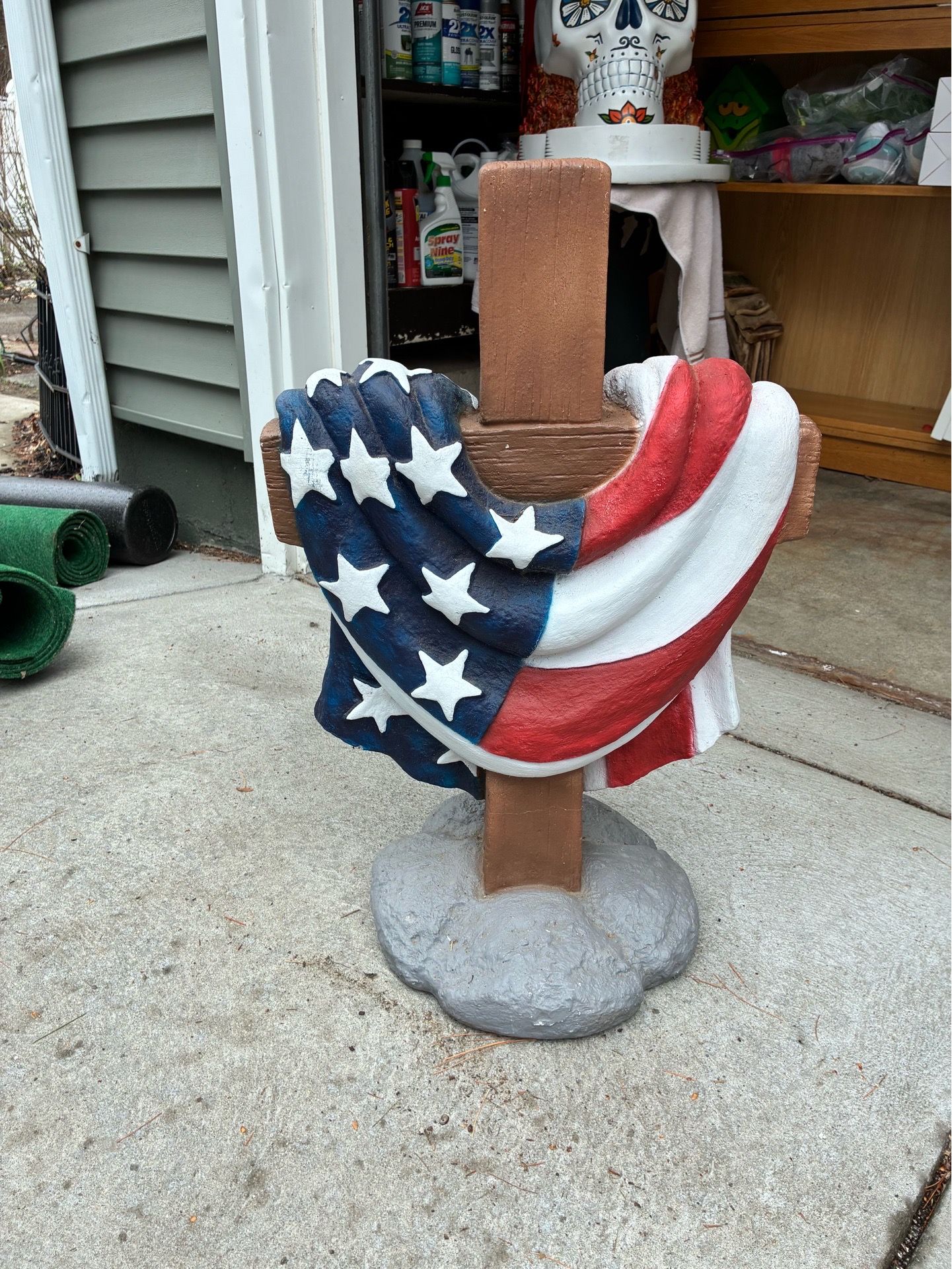 New memorial patriotic cemetery cross 25”H 16”W 12”D weighs approx 55 lbs. retails for $600-650