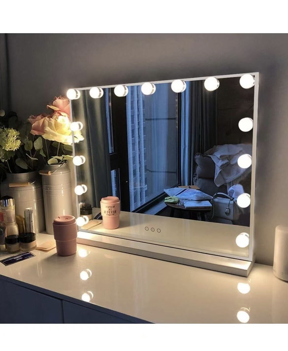 Vanity Mirror with Lights, Hollywood Lighted Makeup Mirror with 15 Dimmable LED Bulbs for Dressing Room & Bedroom, Slim Metal Frame Design, White