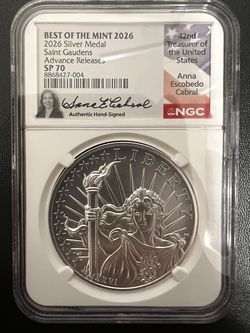 2026 Saint-Gaudens Silver Medal, NGC SP70 Advance Releases - signed by Anna Cabral