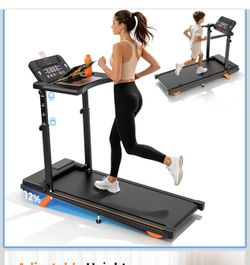 Adjustable Height Walking Pad with Removable Desk, 3.5HP Speeds Up to 8.0 MPH, 12% Manual Incline, Foldable Compact Treadmill with 350 lbs Weight Capa