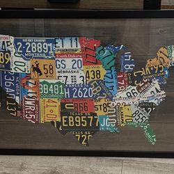 Framed License Plates print of United States art  (38” x 26”) from ZGallerie. With hanging wire, In Excellent Condition. 