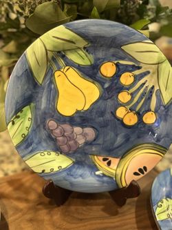 Vintage BELLA CASA BY GANZ CERAMIC PEACH Grape Melon FRUIT DESIGN  PLATE 9" Set Of 4