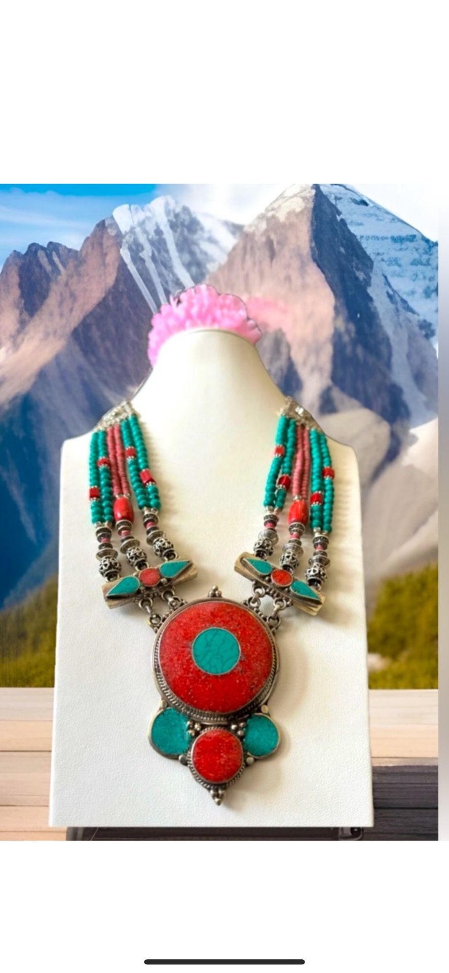  Vintage & Multi Strand Ethnic Tribal Necklace Inlay Stones Set In Silver 24”in & 196grams.