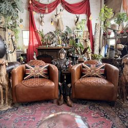 Beautiful Cognac Leather Aviator Club Chairs Vintage Classic Style Lounge Set!