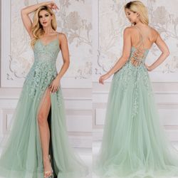 New With Tags Sage Colored Corset Bodice Long Formal Dress & Prom Dress $215