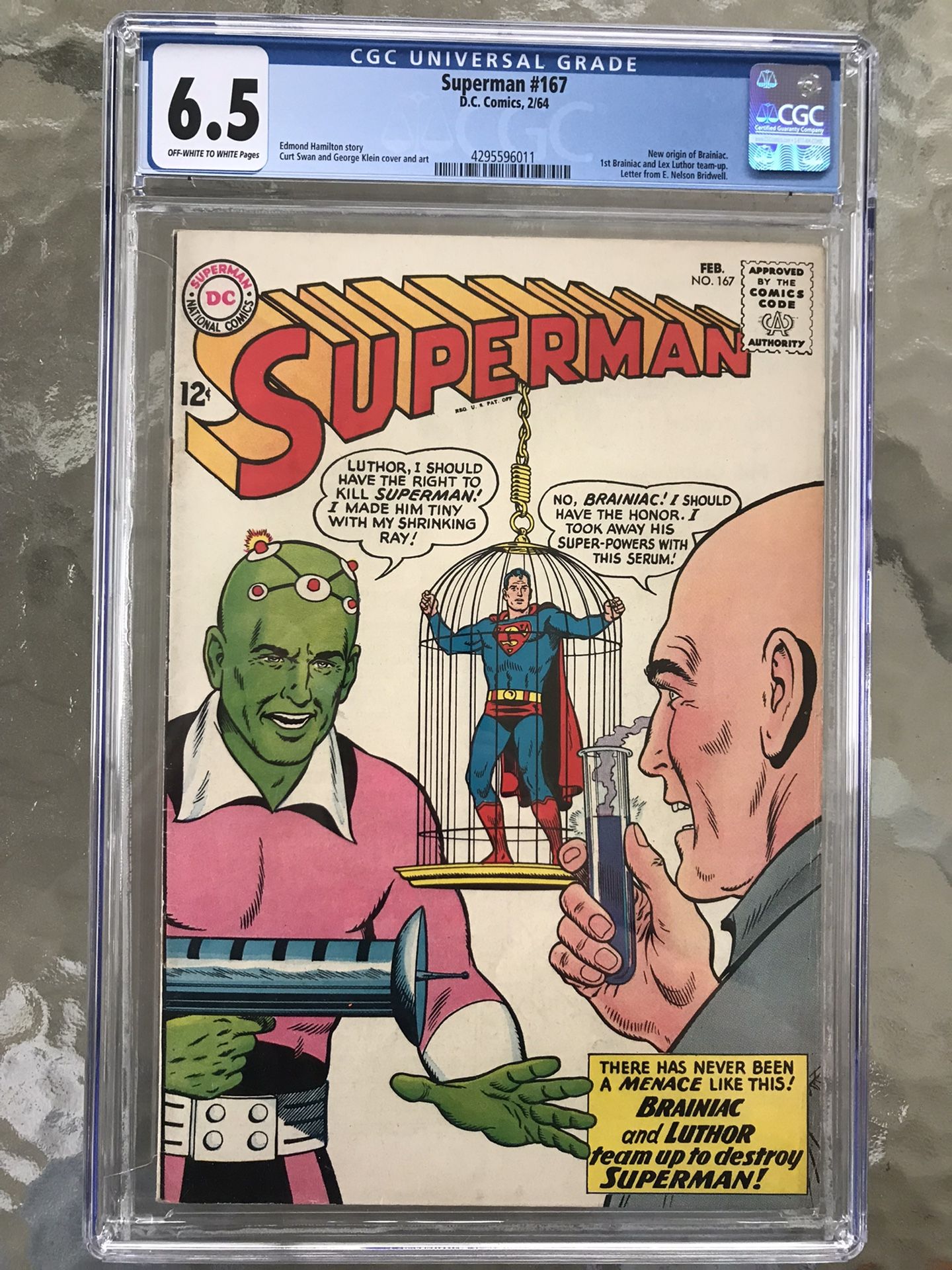 Superman #167 (1964) CGC 6.5 —O/w To White; 1st Luthor & Brainiac team- up; Origin