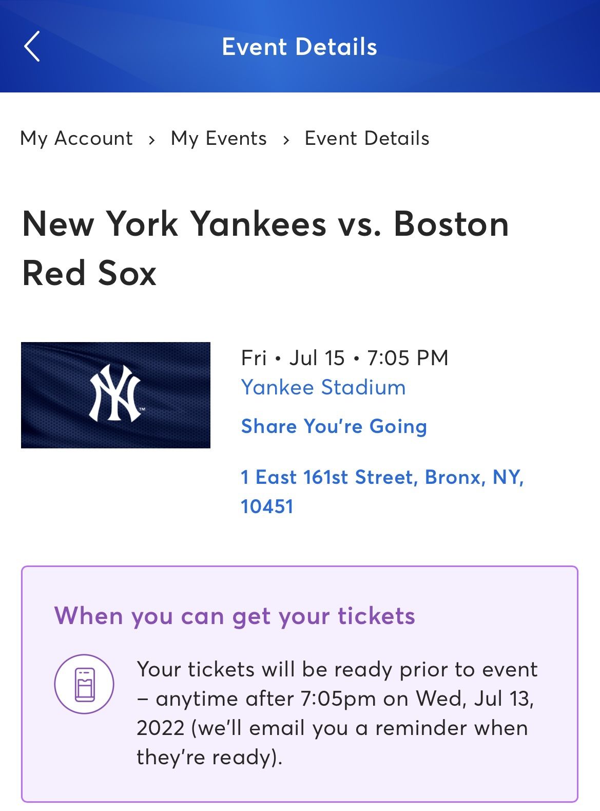 New York Yankees V.S. Boston Red Sox (In Bronx, NY) mobile transfer QTY 2