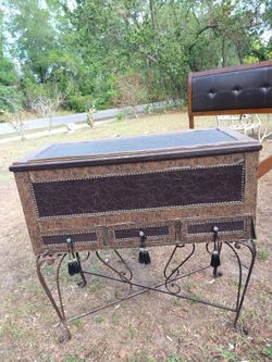 Beautiful Antique Luggage Trunk / Chest On Iron Stand