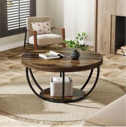 Round Coffee Table, 31.7" Wooden 2-Tier Circle Coffee Table with Storage Shelves, Modern Accent Cocktail Table Center Table for Living Room, Rustic Br