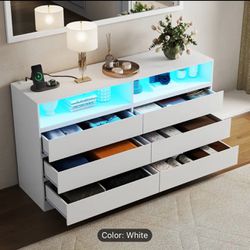 Floating Storage Cabinet with 4 Drawers, Modern Storage Organizer with LED Light, Storage Cabinet with Adjustable Shelf, Display Cabinet with Glass Do