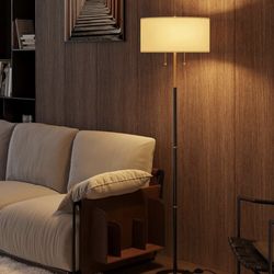 Modern Black & Gold Floor Lamp with Fabric Shade – 61” Tall