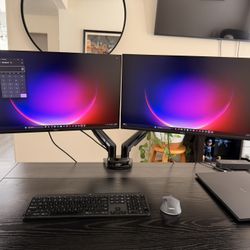 Dual monitors with adjustable stand, keyboard, and mouse and 17” LG gram Laptop i7 