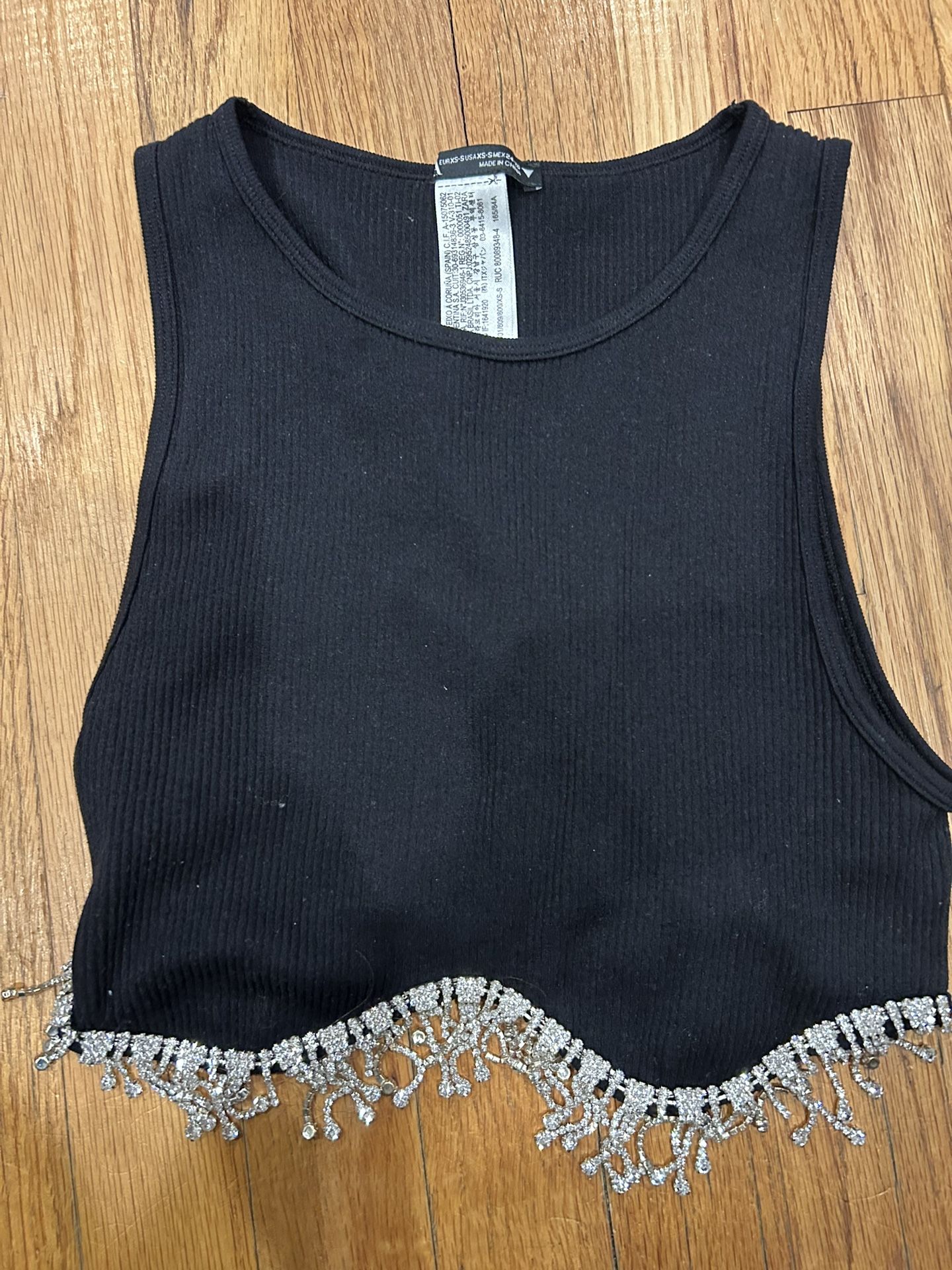 Black rhinestone fringe tank top size xs