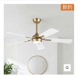 New 5-Blade Ceiling Fan with LED Light & Remote – White & Light Wood/Gold