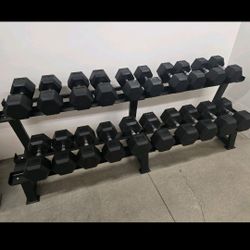 RUBBER HEX DUMBBELLS SET:
  55lb - 100lb. WITH THE RACK.