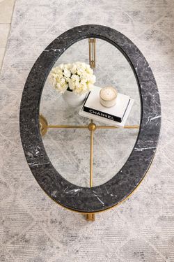 Modern Marble & Gold Coffee Table – Glass Top – Excellent Condition