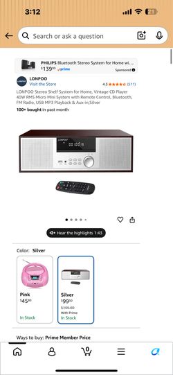 LONPOO LP-816 Stereo Shelf System CD Player Bluetooth FM Radio Silver