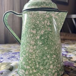 ✨ Rare 1930s–40s Green Splatter Enamelware Coffee Pot • Marked • Display-Ready