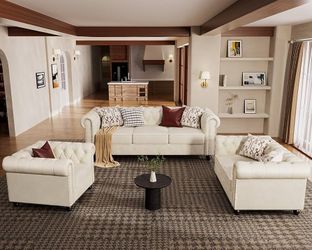  3 Piece Classic Chesterfield 6-Seater Set, Tufted Chair & Loveseat & Sofa Solid Wood Legs Thick Cushion, Pet-Friendly Couch Set Furniture for Living 