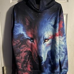 Wolf All Over Print Hoodie Mens L/XL NAIN Red & Blue Sweatshirt Double Pullover