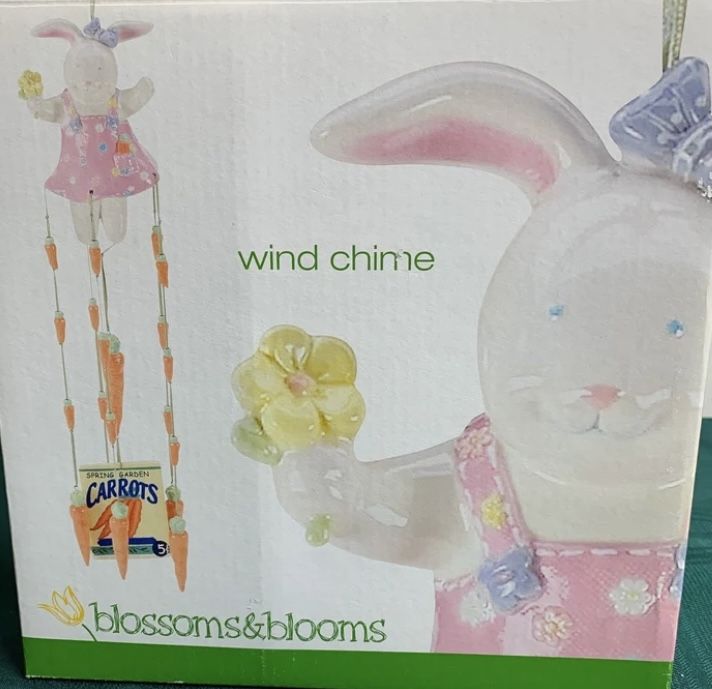 New Blossoms & Blossoms ceramic 24” spring Easter bunny and dangling carrots wind chime