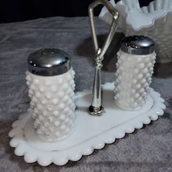 Vintage Milk Glass Hobnail Salt and Pepper Shakers with Caddy
