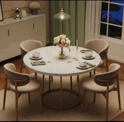 Round Dining Table, 47.24 Inch, Wooden Faux Marble with Gold Base, Circle Modern Small Table for Home Dining Room, Kitchen, Restaurant (White)