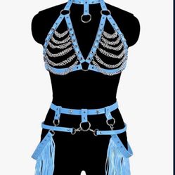 New  Womens Waist Harness Leather Belt Metal Chain Body Tassel Punk Festival Dance Rave Costumes Lingerie Garter Belts  Color: Sky Blue  Size: One Siz