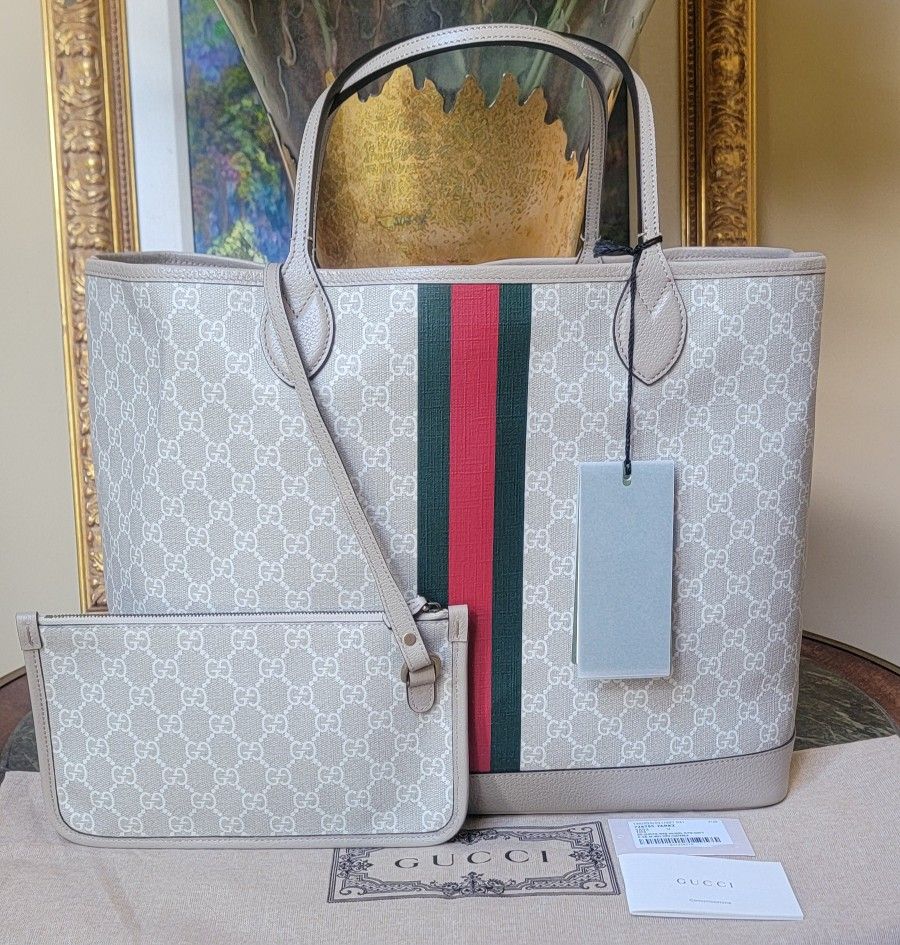 NWT GUCCI OPHIDIA LARGE SUPREME CANVAS WEB TOTE & POUCH OATMEAL LEATHER TRIM
