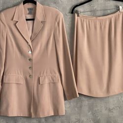 VTG BC Baldanza Concepts Pink 100% Silk Long Blazer/Jacket Skirt Suit Size 6