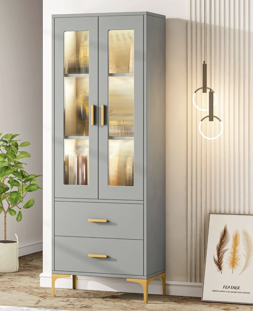 YS0061 Freestanding Bookcase Bookshelf with LED Light, Doors & 2 Drawers