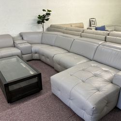 Furniture- Chateau D’ax 6 Pc 100% Real Leather Sectional With 3 Power Recliners- Haigan