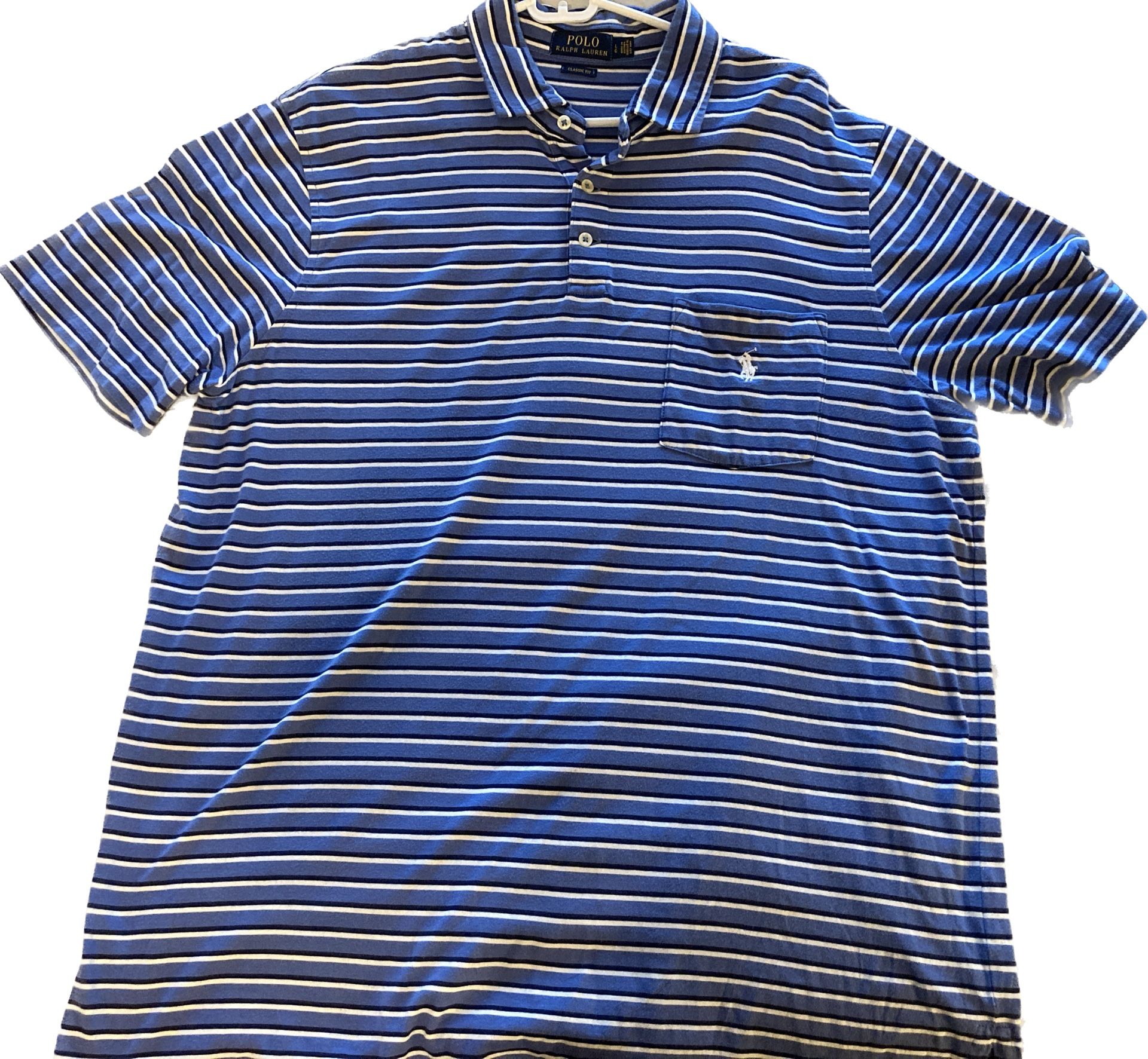 Polo Ralph Lauren Pocket Polo Shirt Mens Large Dark Blue White Striped Casual