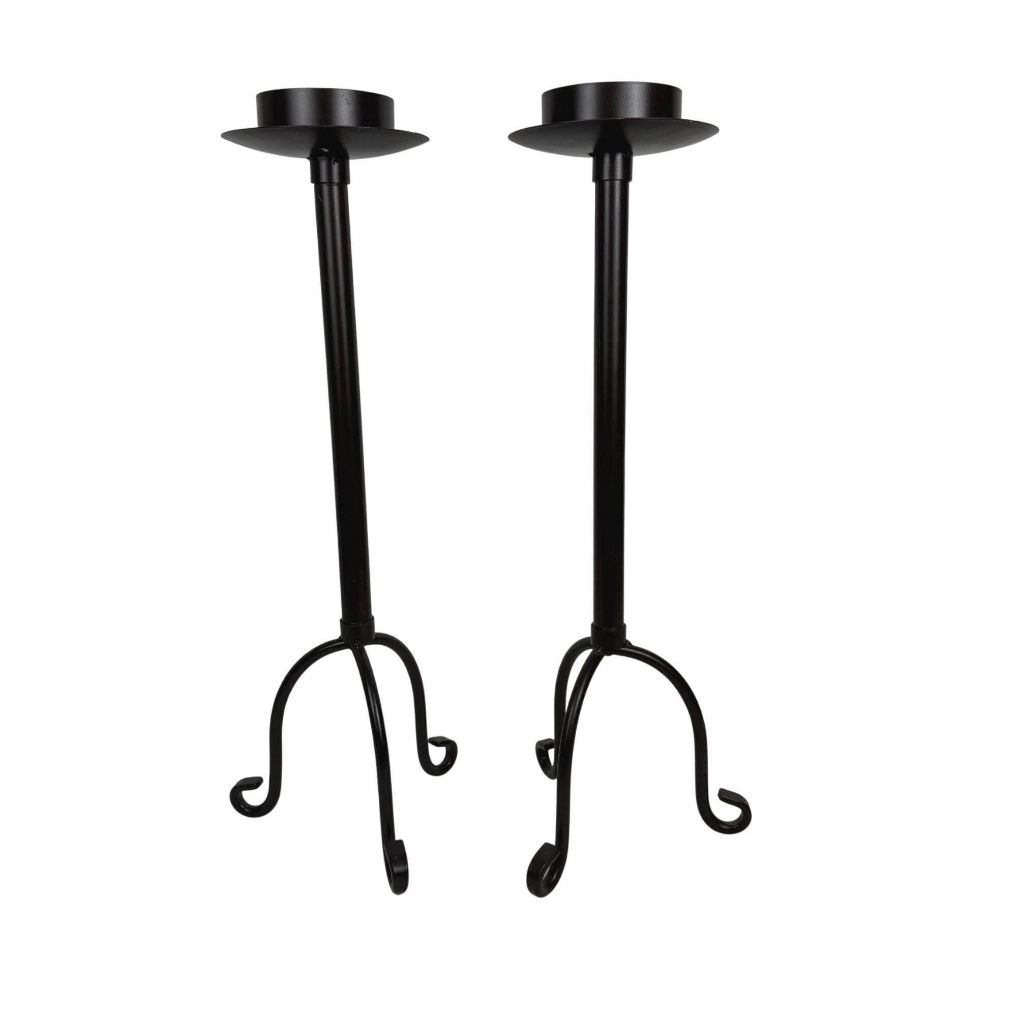 Pair of Tall Tripod Pillar Candle Stands Dark Brown Metal 24" High