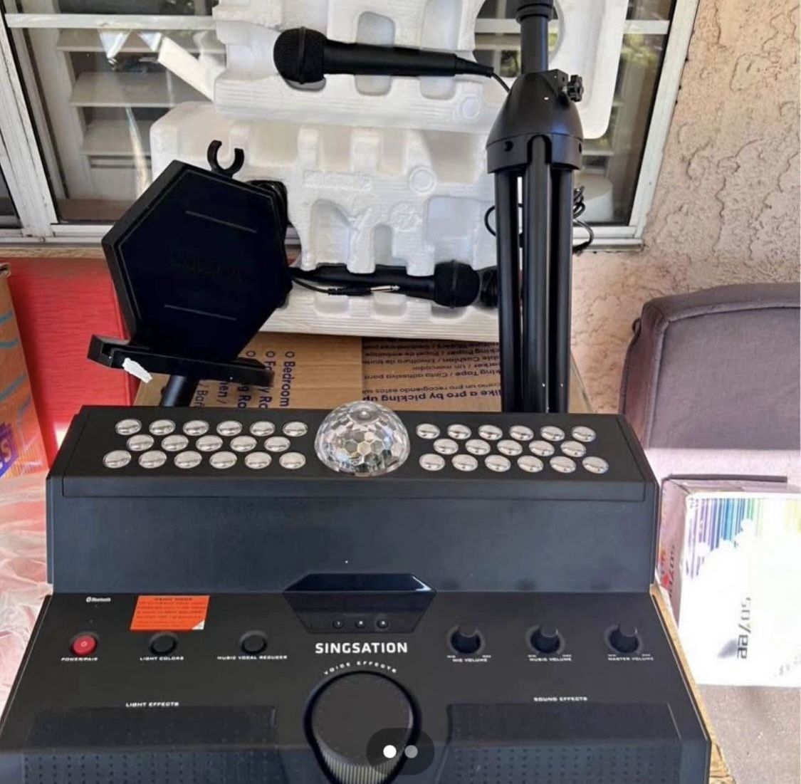 Singsation Main Stage All-in-One Bluetooth Karaoke System with Two Wired Microphones, One Microphone Stand, and Remote - Black