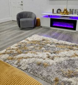 Modern Shag Area Rug – Gray, White & Gold
