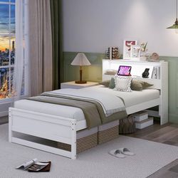 Twin Bed Frames with Storage Headboard, Wood Platform Bed with Charging Station & LED Light, Single Bed with Slats Support, Under-Bed Space, Twin Bed 