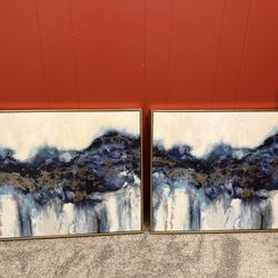 Set of 2 Large Abstract Framed Canvas Paintings – Blue/Gold Modern Wall Art
