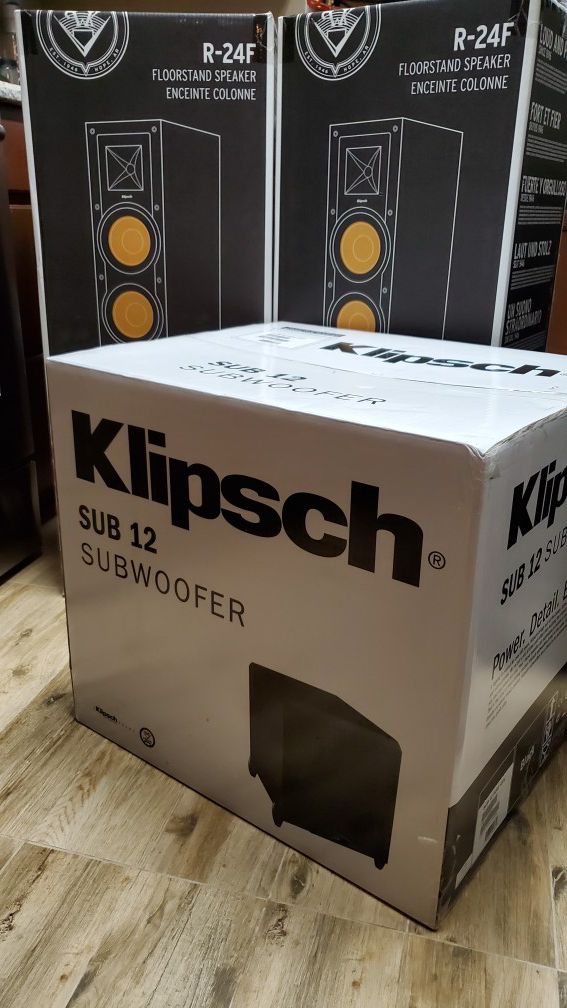 Klipsch speaker system: 12" subwoofer, two R-24F floorstand speakers