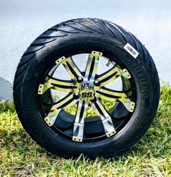 Golf Cart 14"x7" Machined Tempest Wheels and 23"x10"-14" Hellfire DOT Tires (Set of 4)