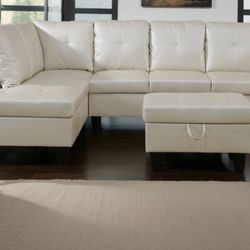 White Leather Sectional Couch And Ottoman
