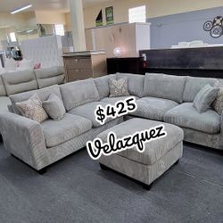 ✅️✅️4 pc Grey  cordury fabric upholstered sectional sofa with ottoman✅️